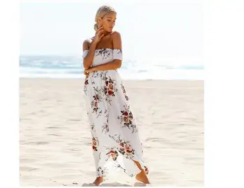 30pcs/daug fedex greitai Boho stiliaus ilga suknelė moterims Off peties paplūdimio vasaros suknelė Gėlių spausdinti šifono suknelė