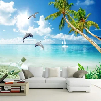 3D Kambario Tapetai Užsakymą HD 3D Beach Kokoso Medis ekrano Užsklanda, Miegamasis neaustinių ekrano Užsklanda Roll Fono Sienos