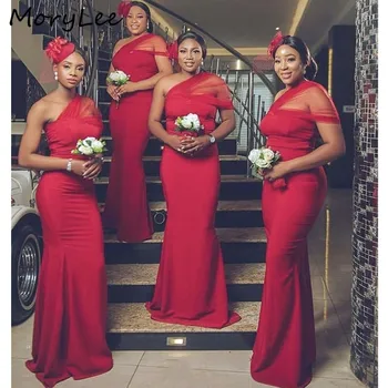 Afrikos Bridesmaid Dresses Su Užtrauktuku Atgal Raudona Grindų Ilgis Valymo Traukinio Undinė Paprastas Elegantiškas Vestuves Bridesmaid Dresses