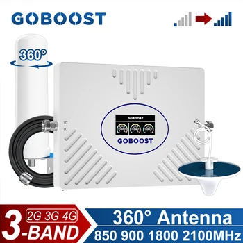 GOBOOST Tri Band Signalo Kartotuvų 2G 3G 4G Tinklo Stiprintuvas 70dB Didelis Pelnas 850 900 1800 2100 MHz Korinio ryšio Stiprintuvas, 360° Antena