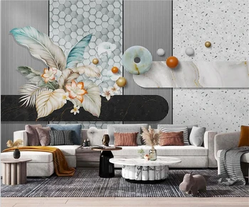 Individualizuotos fono paveikslėlį šiuolaikinės mados šviesos prabanga ranka-dažytos lapų ir gėlių, geometrinių miegamojo kambarį fono sienos freskos