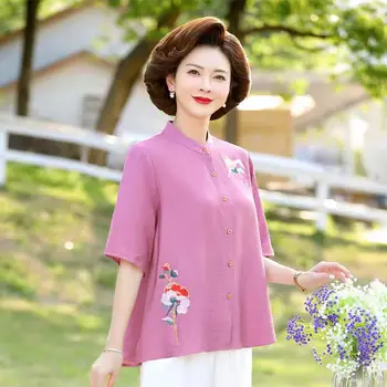 Kinijos Mados Siuvinėjimo Moteris Palaidinės Vasaros Marškinėliai Lady Elegantiška Vintage Viršuje Tango Kostiumas Moterų Etninės Lino Drabužių Cheongsams