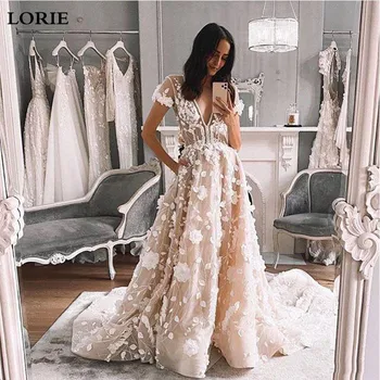 LORIE Trumpas Rankovės Vestuvių Suknelė 2020 M. Su 3D Gėlės V Kaklo Nėrinių Vestuvių Suknelės, Vestuvių Suknelės, Vestidos de novia