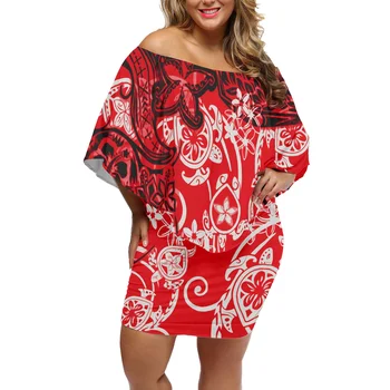 Madingo Dizaino Polinezijos Genčių Stiliaus Raudonos Plumeria Spausdinti Ponios Odos Draugiškas Trumpą Suknelę Didelio Dydžio Off-Pečių Pinikai Sijonas