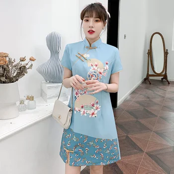 Moterų Qipao Suknelės Derliaus Spausdinimo Silm Elegantiškas Vasarą Pagerėjo Cheongsam Ponios Kinų Stiliaus Merginos Sagtis-Line Mini Suknelė
