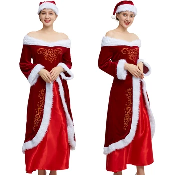 Naują Stilių Kalėdų Senelis Kalėdų Kostiumai Raudona Deluxe Aksomo Išgalvotas Nustatyti Apsiaustu Išgalvotas Moterų Kostiumai Festivalis Šventė Kostiumai Šalis