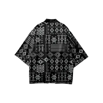 Plus Size Azijos Drabužių Mados Spausdinti Black Marškinėliai Japonijos Streetwear Atsitiktinis Haori Megztinis Vyrams, Moterims, Kimono Yukata