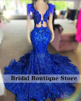 Royal Blue Blizgančių China Undinė Prom Dresses 2022 Vien Kaklo Plunksnos Granulių Kristalų Šalis Suknelė Vakare Chalatai Vestido De Fiesta