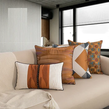 Rudas oranžinis stilius, spalvos juostele, siuvinėta pagalvėlė padengti lapų apskritimo taško žakardo pagalvę padengti geometrinis spausdinimo užvalkalas