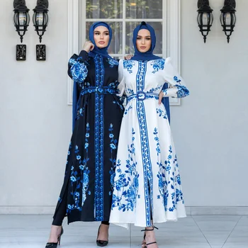 Turkijos Abaja Moterų Tasbih Musulman Ilgomis Rankovėmis Stovėti Apykaklės Spausdinti Didelio Swing Suknelė Islamas Maroko Caftan Moteris Drabužiai