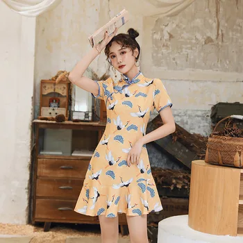 Vasarą nauju Moterų Meno Cheongsam Modifikuotų Printed Dress Mergaitė Saldus Jauna Sijonas
