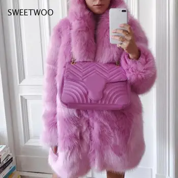 Žiemą Šiltai Balta Dirbtiniais Kailių Paltai Moterims Long Sleeve Pink Prabangus Elegantiškas Purus Netikrą Triušio Kailiniai Švarkai Komplektus Mados Streetwear