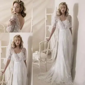 1950' Nėrinių Vestuvių Suknelės, Šaliai, Vestuvinių Suknelių Derliaus Nugaros Sodo Bohemijos Nuotakos Suknelė Valymo Traukinio vestidos de noiva