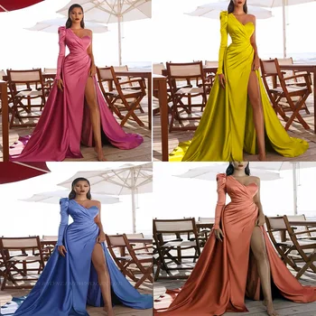 2022 m. Rudenį Moterų Nauja ilgomis rankovėmis Satino Suknelės Aukštos Ritininės Vieną petį Gale Pokylių Vakare Šalis Suknelė Elegantiškas Komplektai