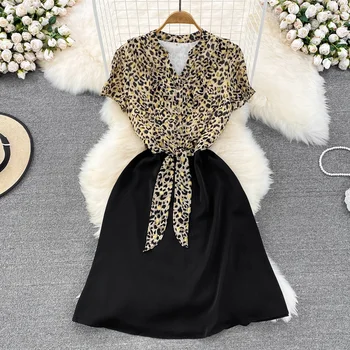 2022 m. Vasarą korėjos Elegantiškas Netikrą Dviejų dalių Suknelė Moterų V-kaklo trumpomis Rankovėmis Leopard Print Suknelė Ponios Juosmens, Plonas Trumpą Suknelę