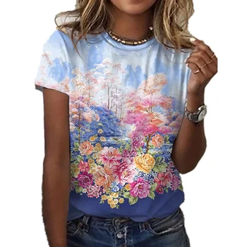 2022 m. Vasarą, Naujos Lauko Streetwear Moterų Medžiaga T-shirt Moterų Spalvų Gėlių Modelio trumparankoviai Top Moterims