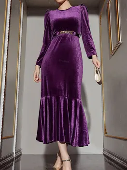 2023 Elegantiškas Aksomo Audinio Nišą šviesos prabanga Įgulos Kaklo Wrap Suknelė Vintage Žiemos Autunm Savarankiškai jungiamąją ilgomis Rankovėmis Vestidos A1986