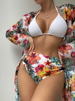 3pack Gėlių Spausdinti Apynasrio Bikini maudymosi kostiumėlis & Kimono Moterų maudymosi Kostiumėliai 2023 Bikini Nustatyti Vasaros Paplūdimio Maudymosi Kostiumas