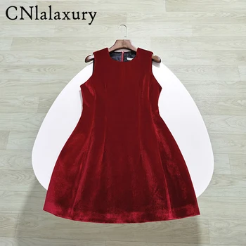 CNlalaxury 2023 Moterų Mados Žiemos Raudona Apvali Kaklo Aksomo Suknelė Vintage Rankovių Reljefiniai Suknelės, Šaliai,-line Mini Suknelė Mujer