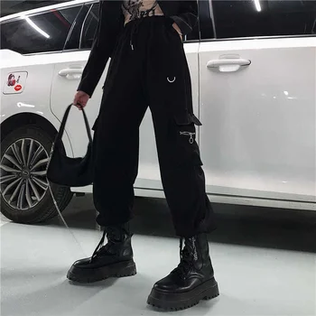 Cotday Atsitiktinis Palaidų Punk Aukšto Juosmens Korėjos Negabaritinių Kelnės Gotikos Sweatpants Juoda Krovinių Ilgas Kelnes Moterims Streetwear