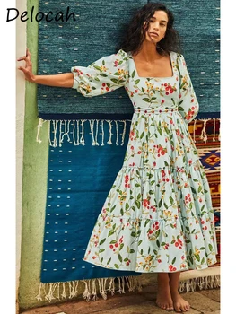 Delocah Aukštos Kokybės Vasaros Moterų Mados Dizaineris Midi Suknelė Pusė Rankovių Aukštos Juosmens Gėlių Spausdinti Shirring Raukiniai Suknelės