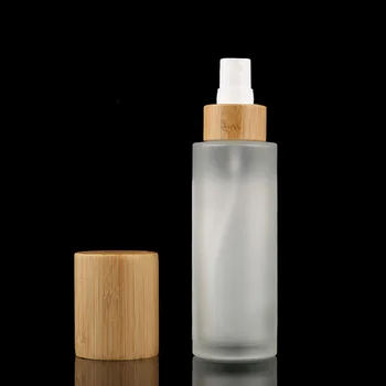 Didmeninė bambuko padengti matinio stiklo 120ml skersmens apvalus kremas butelis 4 oz smulkiu purkštuvu viršuje kosmetiką atskirti nuo saulės butelį bambuko viršų