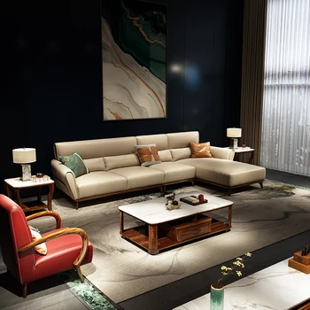 Ebony sofa modernus naujas Kinų stiliaus medžio masyvo minimalistinio 7 simbolių kampe pirmas sluoksnis karvės odos odos Šiaurės sofa derinys