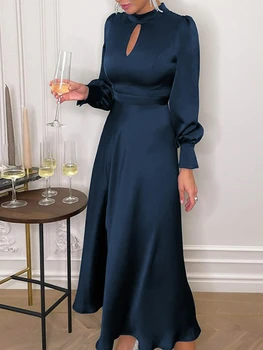 Elegantiškas Vakarines Sukneles Karinio Jūrų Laivyno Tuščiaviduriai Iš Moters Satino Midi Šalis Suknelė Rudenį Žibintų Rankovėmis Šilkiniai Tuščiaviduriai Iš Suknelė 2022