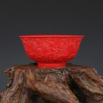 Išskirtinį Senovinių Koralų Raudona Raižyti Dragon Dubenį Ornamentu