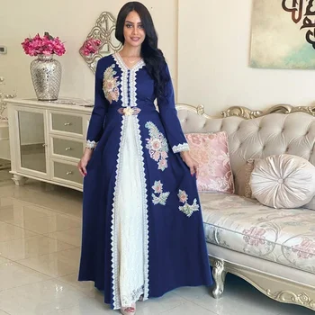 Kaftan Moterų Abaja Dubajaus Musulmonų Vakaro Suknelės 2022 Mados Išsiuvinėti Gėlių Nėrinių Diržas V-kaklo Temperamentas Šalis Suknelės
