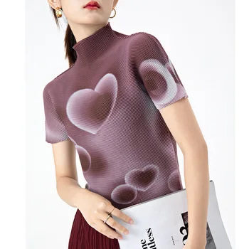 Miyake Dizaineris Moterų Plisuotos Dugno Marškinėliai Pusė Golfo Vasaros trumpomis Rankovėmis Slim Fit Gradientas Universalus Trišakis