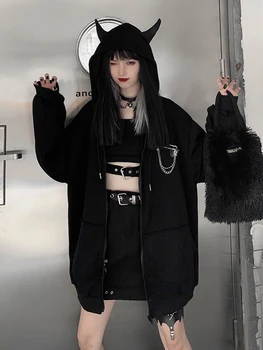 Naujas 2021 Moterų Atsitiktinis Palaidų Pavasario Palaidinukė Velnio Ragų Gobtuvu Hoodies Japonijos Punk, Gothic zip iki Juodas Kailis korėjos Plius Dydis