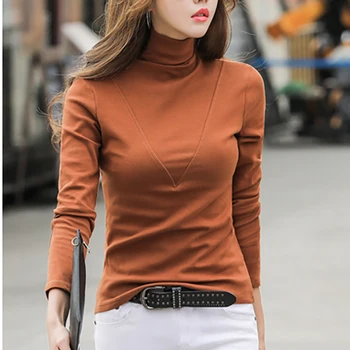 Pavasarį, Rudenį Moterys Marškinėlius ilgomis Rankovėmis Viršų Golfo Kietas korėjos Slim T-shirt Moteris Minkštos Medvilnės Atsitiktinis Marškinėliai, Femme Viršūnės