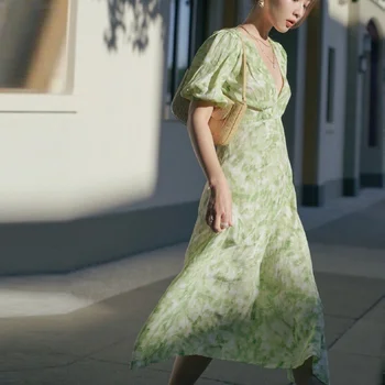 Prancūzijos 2022 Mados Pavasario Spausdinti Vasaros Suknelės Moterims Atsitiktinis Sluoksniuotos Rankovėmis Vintage Suknelė Moteris Elegantiška Žalia Ilga Suknelė Atostogų