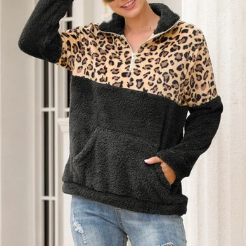 Rudenį Moterų Leopardas Spausdinti Sujungimas ilgomis Rankovėmis Megztinis Megztinis dvipusis Fuzzy užtrauktukas Negabaritinių Streetwear