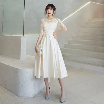 White Satin Vestuves Suknelė Kratinys Suknelės Gėlių Siuvinėjimas Vidutinio ilgio Sijonas Elegantiškas vakarinę Suknelę Sexy Nėrinių Vestidos