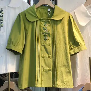 Žalia Gėlių Siuvinėjimas, Marškinėliai Moterims Vasaros Derliaus 2022 Saldus Stilius Kietas Trumparankoviai Plonas Elegantiškas Moteris Outwear Viršūnės